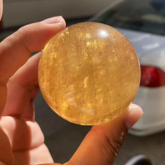 Natural Citrine Calcite Quartz Crystal Sphere – Healing Gemstone with Wooden Stand